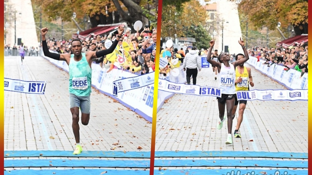 Ethiopian Dejene Debela and Kenyan-born Bahraini Ruth Jebet celebrate winning at the 2024 Türkiye Is Bankasi Istanbul Marathon / Photo credit: Spor Istanbul