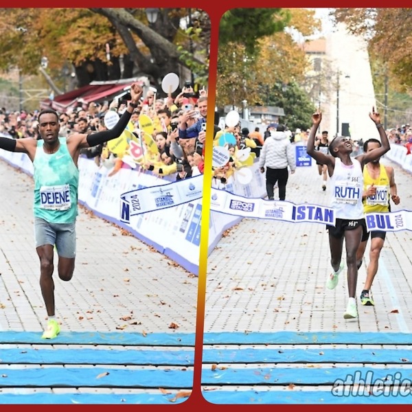 Ethiopian Dejene Debela and Kenyan-born Bahraini Ruth Jebet celebrate winning at the 2024 Türkiye Is Bankasi Istanbul Marathon / Photo credit: Spor Istanbul