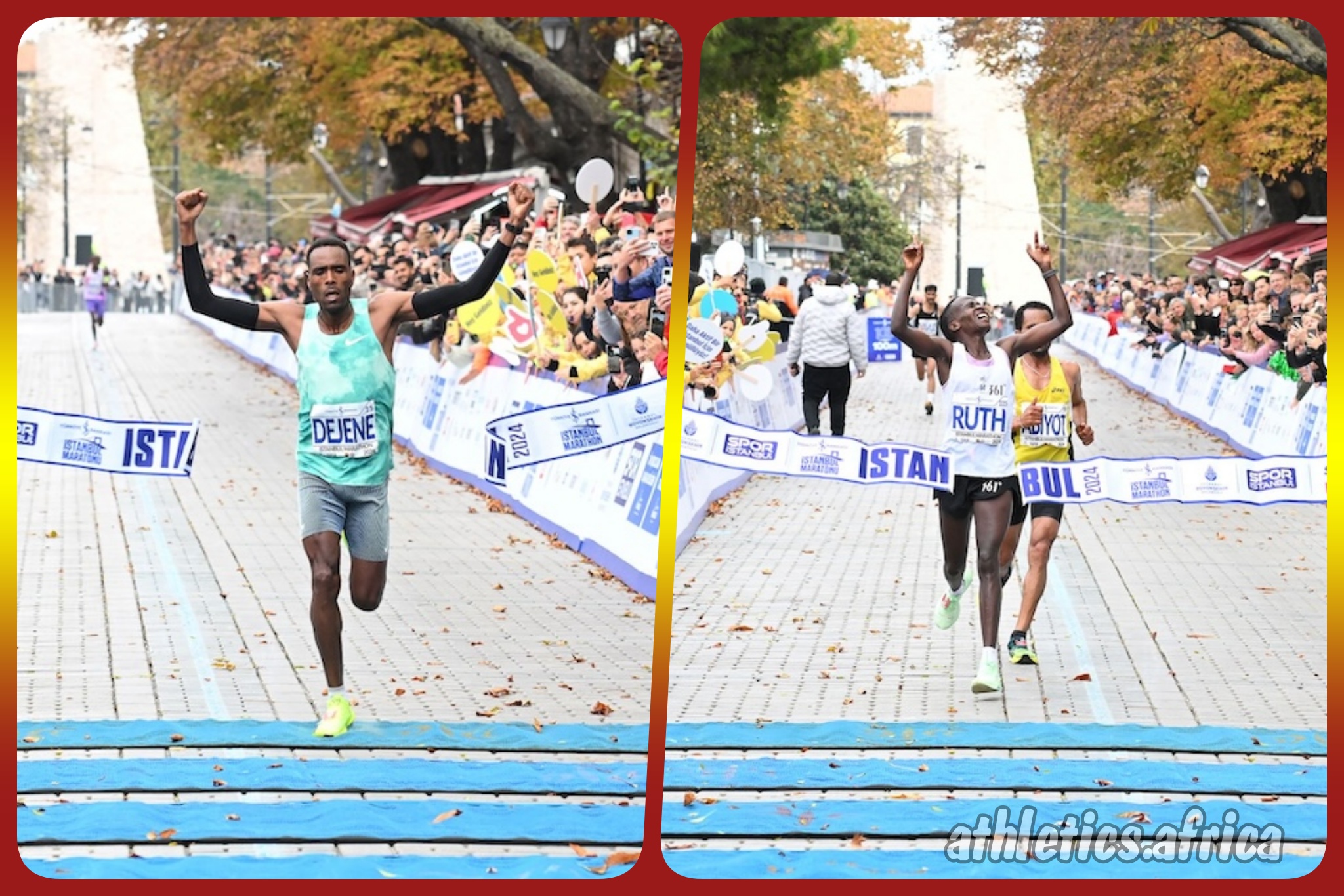 Ethiopian Dejene Debela and Kenyan-born Bahraini Ruth Jebet celebrate winning at the 2024 Türkiye Is Bankasi Istanbul Marathon / Photo credit: Spor Istanbul