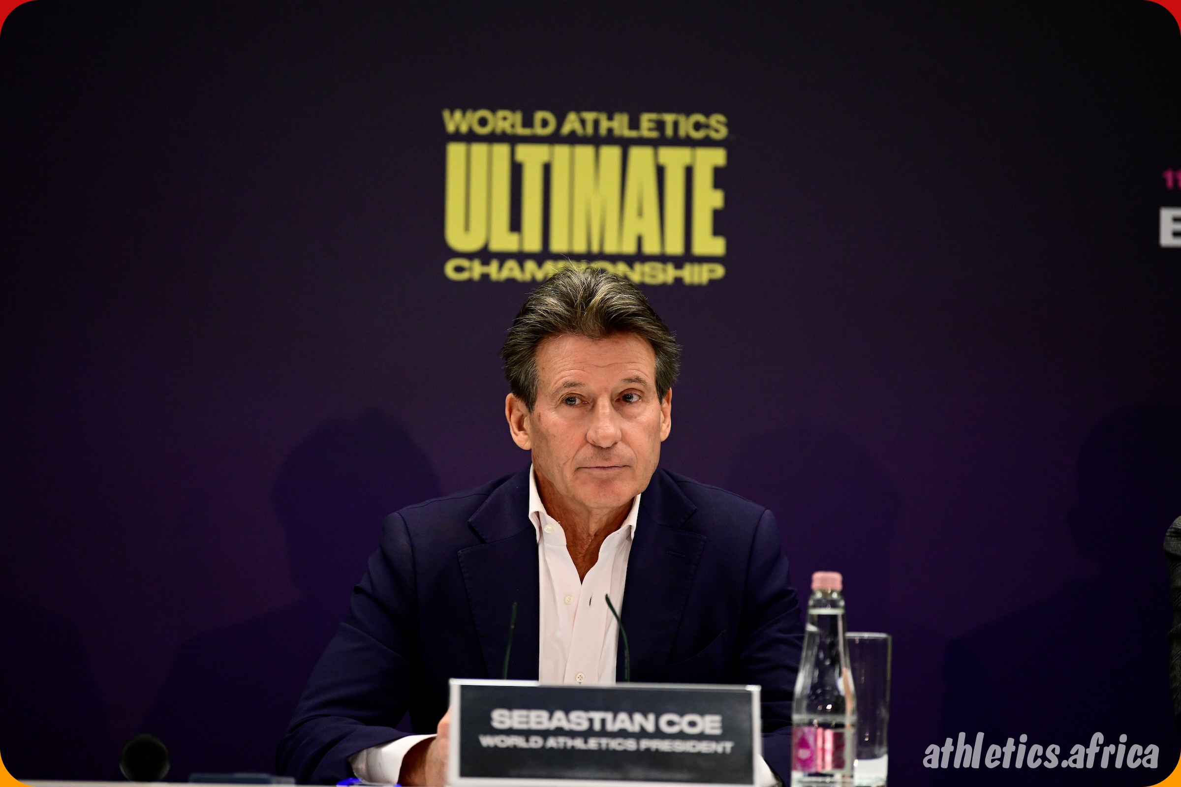 World Athletics President Sebastian Coe at the press conference to launch the new World Athletics Ultimate Championship in Budapest, Hungary - November 22, 2024 / Photo credit: World Athletics