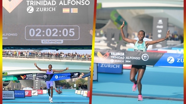 Kenyan Sabastian Sawe and Ethiopian Megertu Alemu winning at the Valencia Marathon 2024 / Photo credit: Valencia Marathon