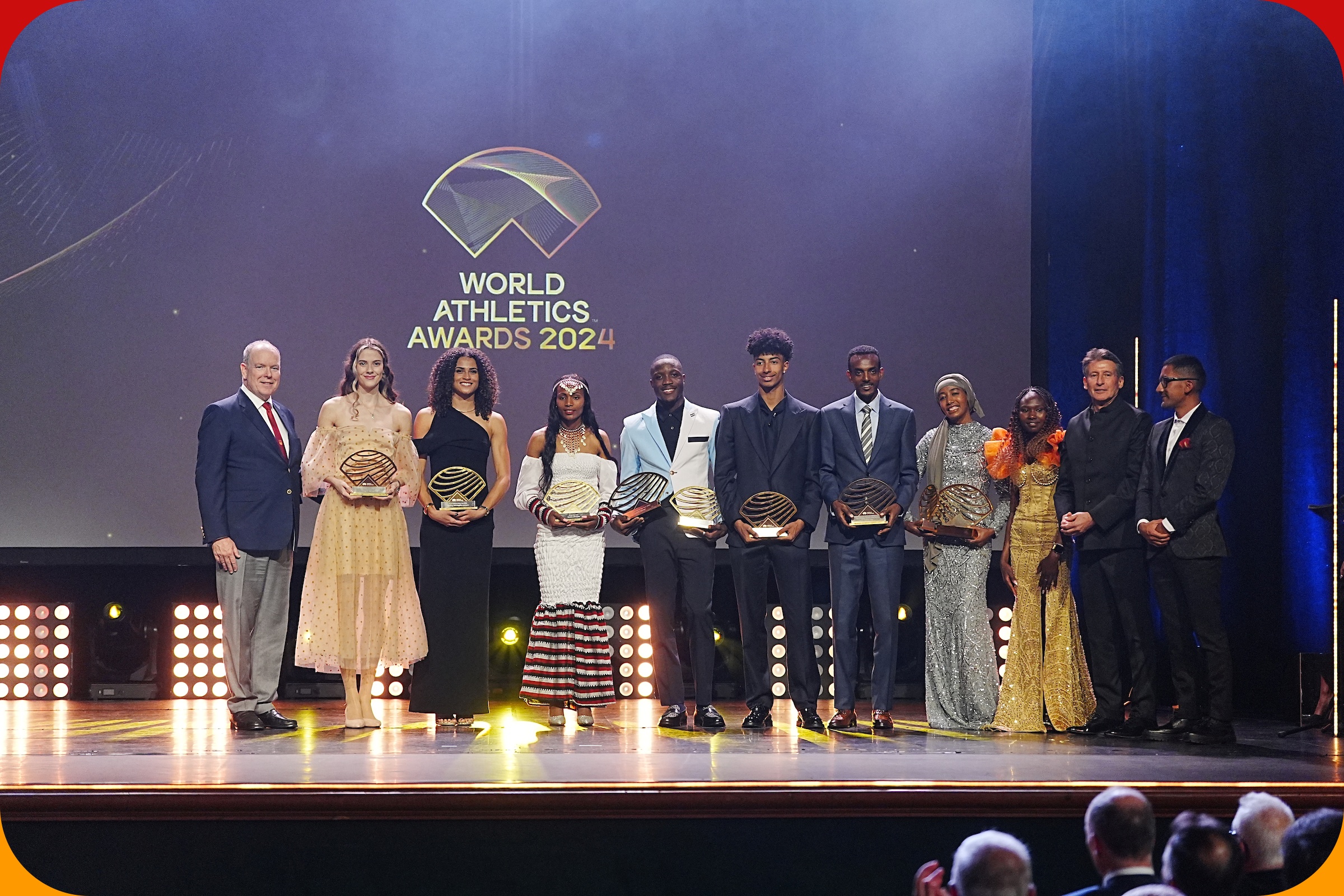 All the winners on stage at the World Athletics Awards 2024 in Monaco / Photo Credit: World Athletics