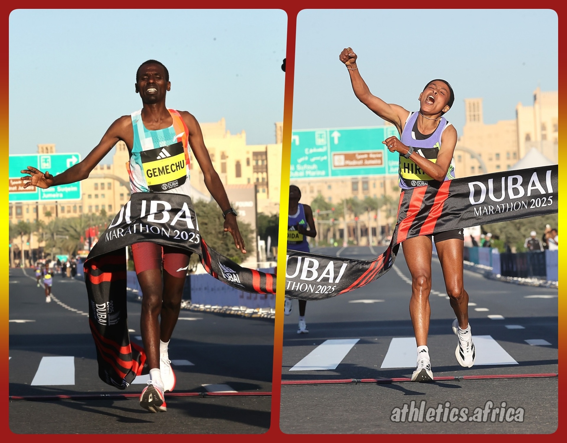 Ethiopians Bute Gemechu and Bedatu Hirpa celebrate their win at the 2025 Dubai Marathon / Photo credit: Giancarlo Colombo