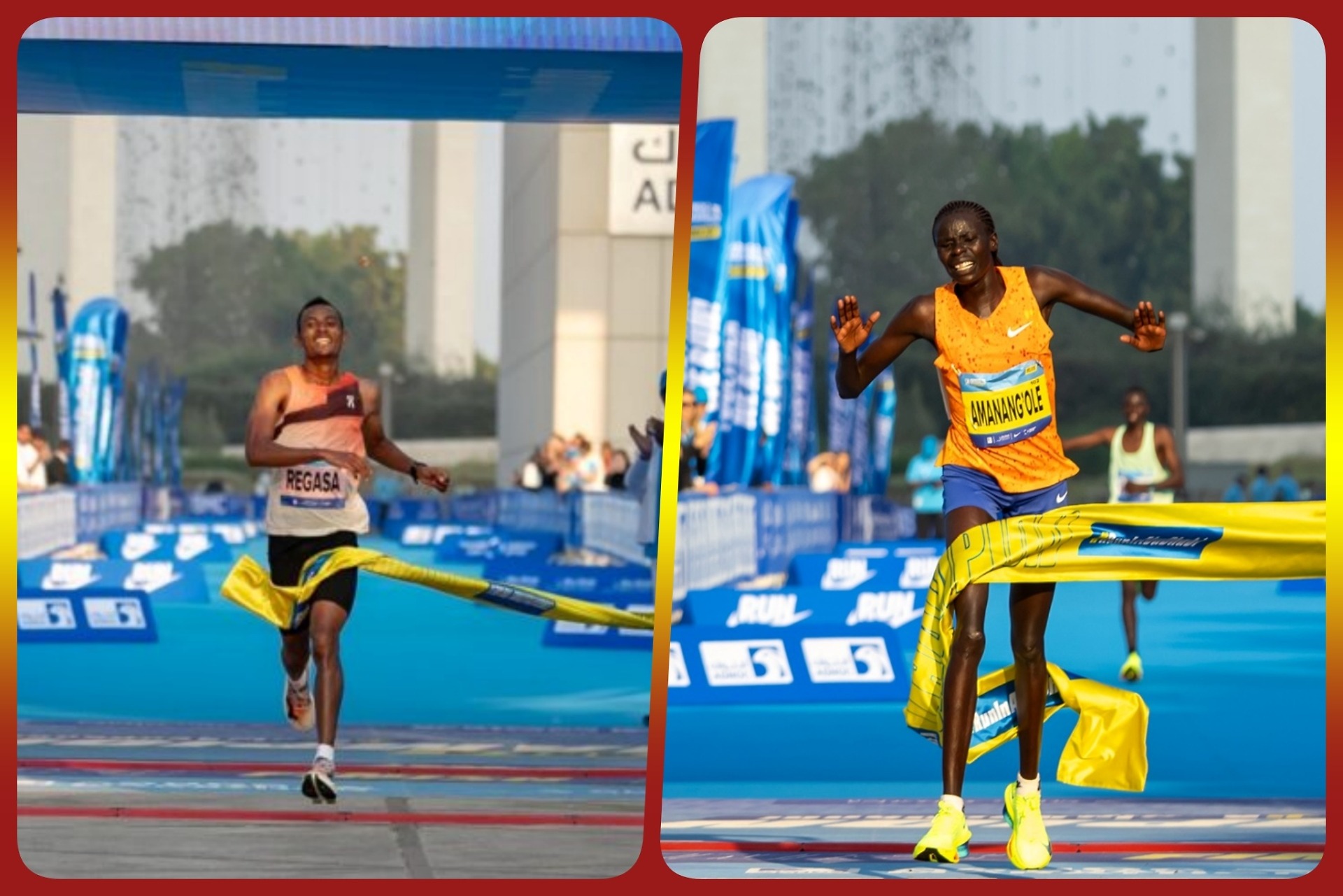 Ethiopia’s Chala Ketema Regasa and Kenya’s Catherine Reline Amanang’ole winning at the 2024 ADNOC Abu Dhabi Marathon / Photo: Organisers