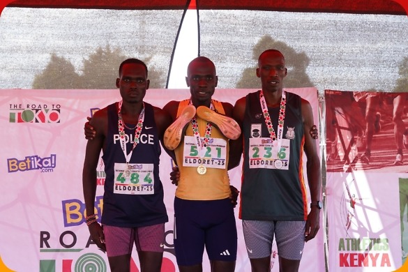 Emmanuel Wanyonyi, Timothy Cheruiyot and Reynold Cheruiyot after the 2km Men’s loop at the 2025 Kenyan Cross Country Championships in Eldoret / Photo: Peter Njoroge