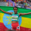 Ethiopia's Freweyni Hailu celebrating after winning the women's 3000m at the 2025 World Athletics Indoor Championships in Nanjing on Saturday 22 March / Photo: Sona Maleterova for World Athletics