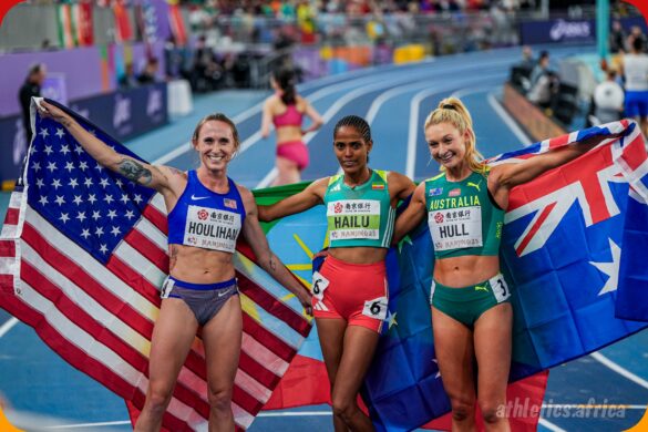 Ethiopia's Freweyni Hailu celebrating with other medallists after winning the women's 3000m at the 2025 World Athletics Indoor Championships in Nanjing on Saturday 22 March / Photo: Sona Maleterova for World Athletics
