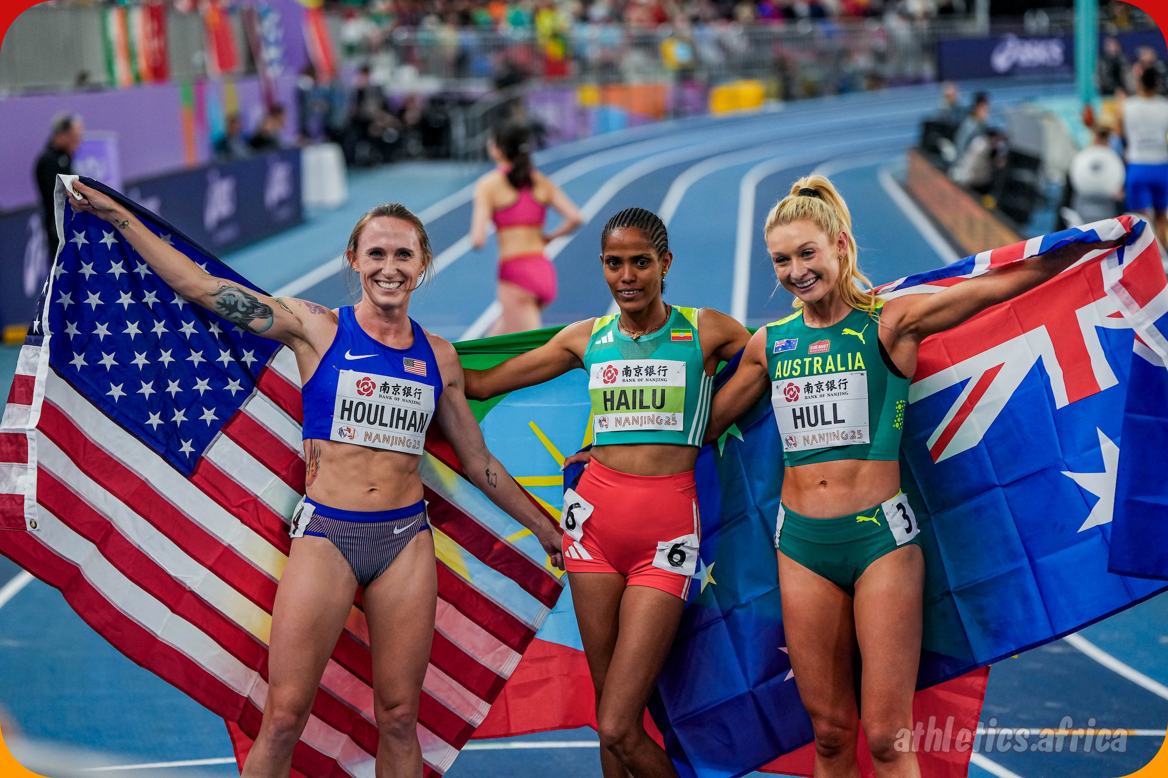 Ethiopia's Freweyni Hailu celebrating with other medallists after winning the women's 3000m at the 2025 World Athletics Indoor Championships in Nanjing on Saturday 22 March / Photo: Sona Maleterova for World Athletics