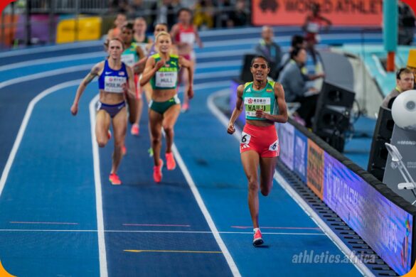 Ethiopia's Freweyni Hailu celebrating winning the women's 3000m at the 2025 World Athletics Indoor Championships in Nanjing on Saturday 22 March / Photo: Sona Maleterova for World Athletics
