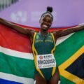 Prudence Sekgodiso celebrates winning the women's 800m title at the 2025 World Athletics Indoor Championships in Nanjing on Sunday 23 March / Photo: Dan Vernon for World Athletics