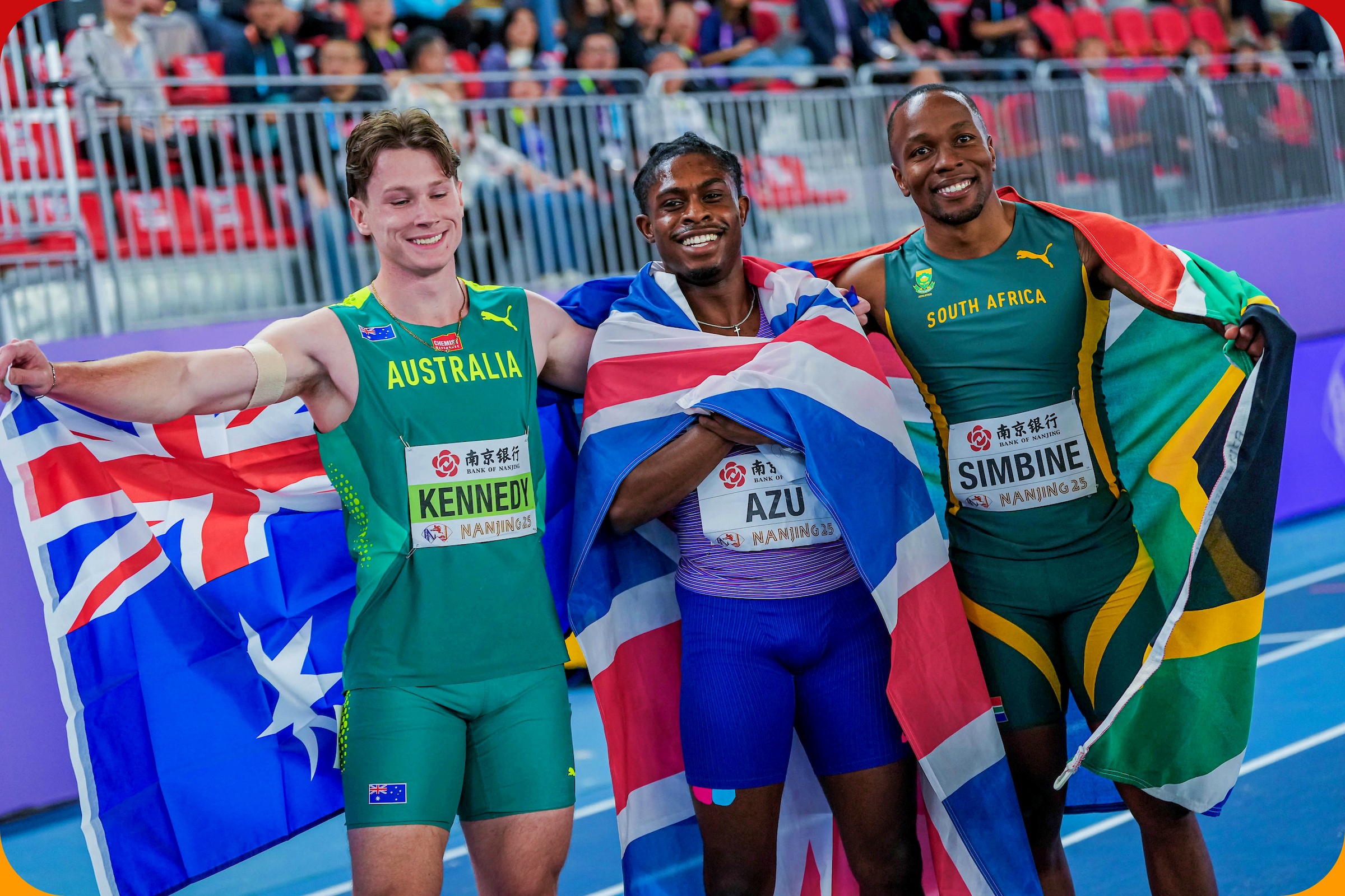 Lachlan Kennedy, Jeremiah Azu and Akani Simbine at the World Athletics Indoor Championships Nanjing 25 / Photo: Sona Maleterova for World Athletics