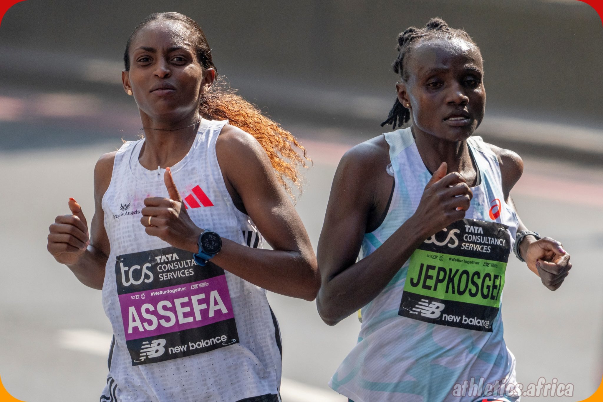 Tigist Assefa (ETH) and Joyciline Jepkosgei (KEN) compete having moved a long way ahead of the field during The TCS London Marathon on Sunday 27th April 2025 / Photo credit: Jed Leicester for TCS London Marathon Events