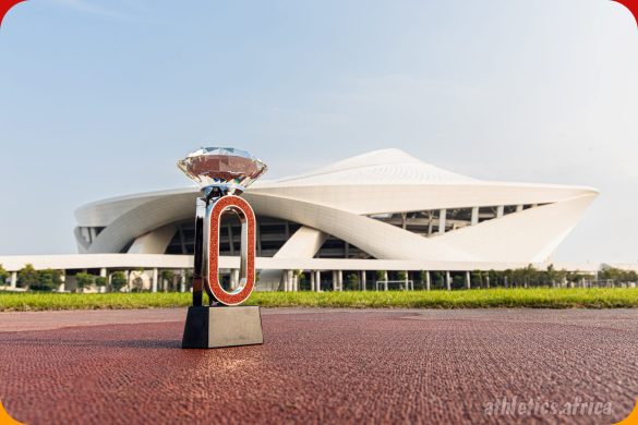 The 2025 Wanda Diamond League trophy at the Egret Stadium in Xiamen, China / Photo credit: Marta Gorczyska for Diamond League AG