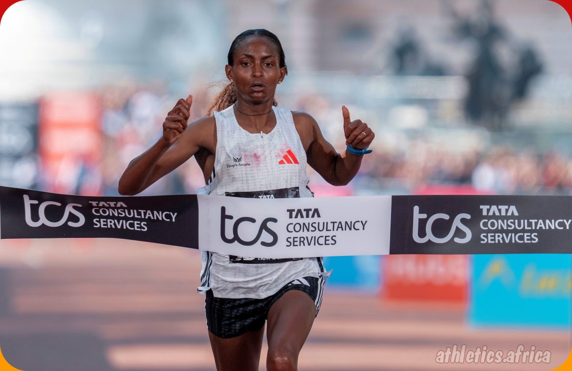 Tigst Assefa (ETH) breaks the tape on the finish line on The Mall to win the Women’s Elite race during The TCS London Marathon on Sunday 27th April 2025 / Photo credit: Bob Martin for TCS London Marathon