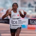 Tigst Assefa (ETH) breaks the tape on the finish line on The Mall to win the Women’s Elite race during The TCS London Marathon on Sunday 27th April 2025 / Photo credit: Bob Martin for TCS London Marathon