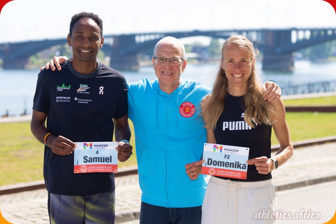 Samuel Fitwi, Jo Schindler and Domenika Mayer by the river Rhine in Mainz / Photo credit: Norbert Wilhelmi