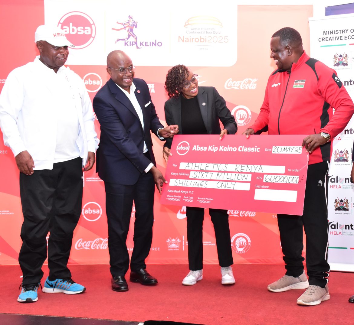 Cabinet Secretary Ministry of Youth Affairs, Creative Economy and Sports Hon. Salim Mvurya receives a KES. 60 million sponsorship cheque from Absa Kenya’s Consumer Banking Director Moses Muthui and Marketing and Corporate Affairs Director Mwihaki Wachira, with Athletics Kenya President Lt. Gen (Rt) Jackson Tuwei looking on / Photo: Absa