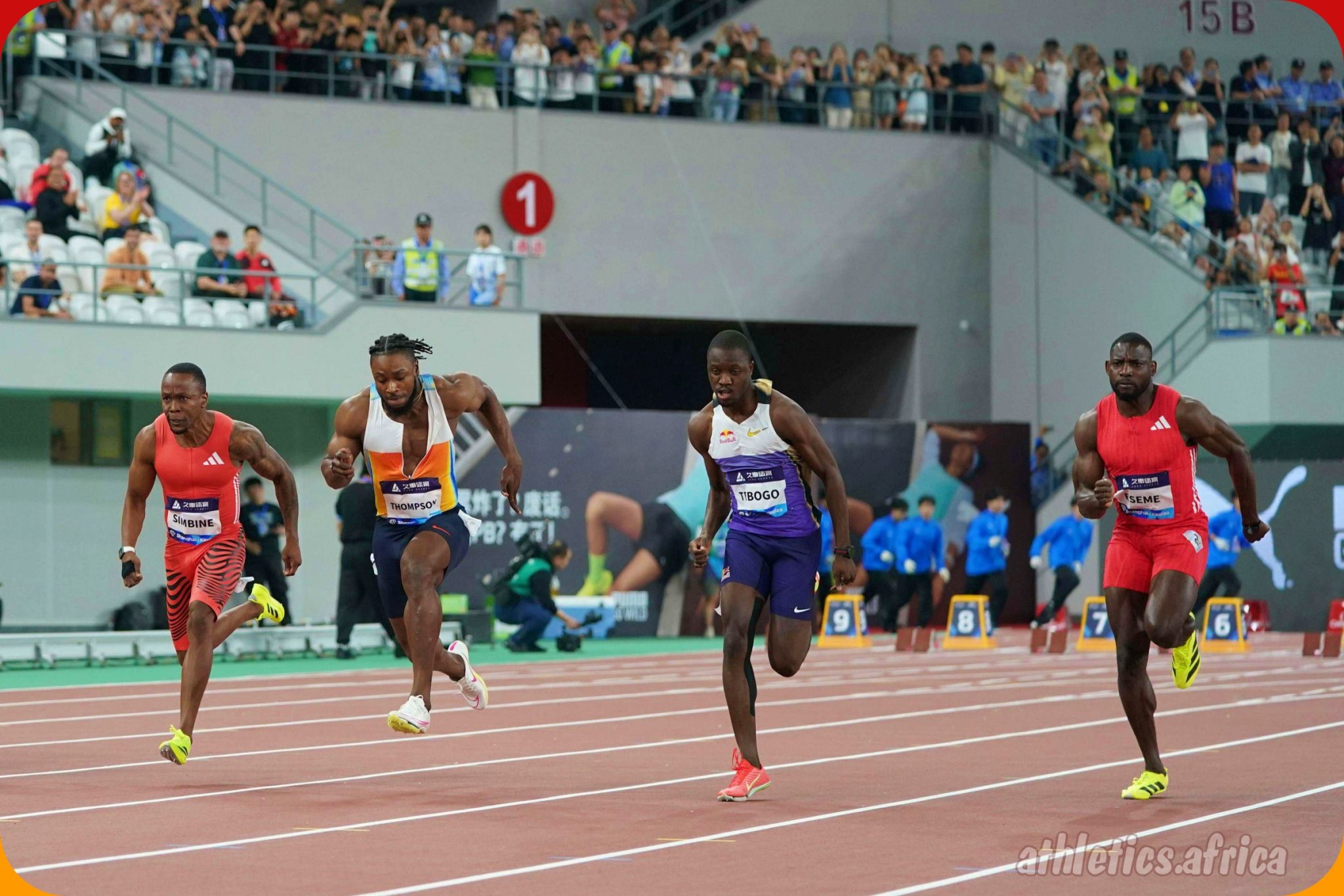 Akani Simbine, Letsile Tebogo and Emmanuel Eseme in action at the 2025 Wanda Diamond League meeting in Shanghai/Keqiao / Photo credit: Liam Blackwell for Diamond League AG