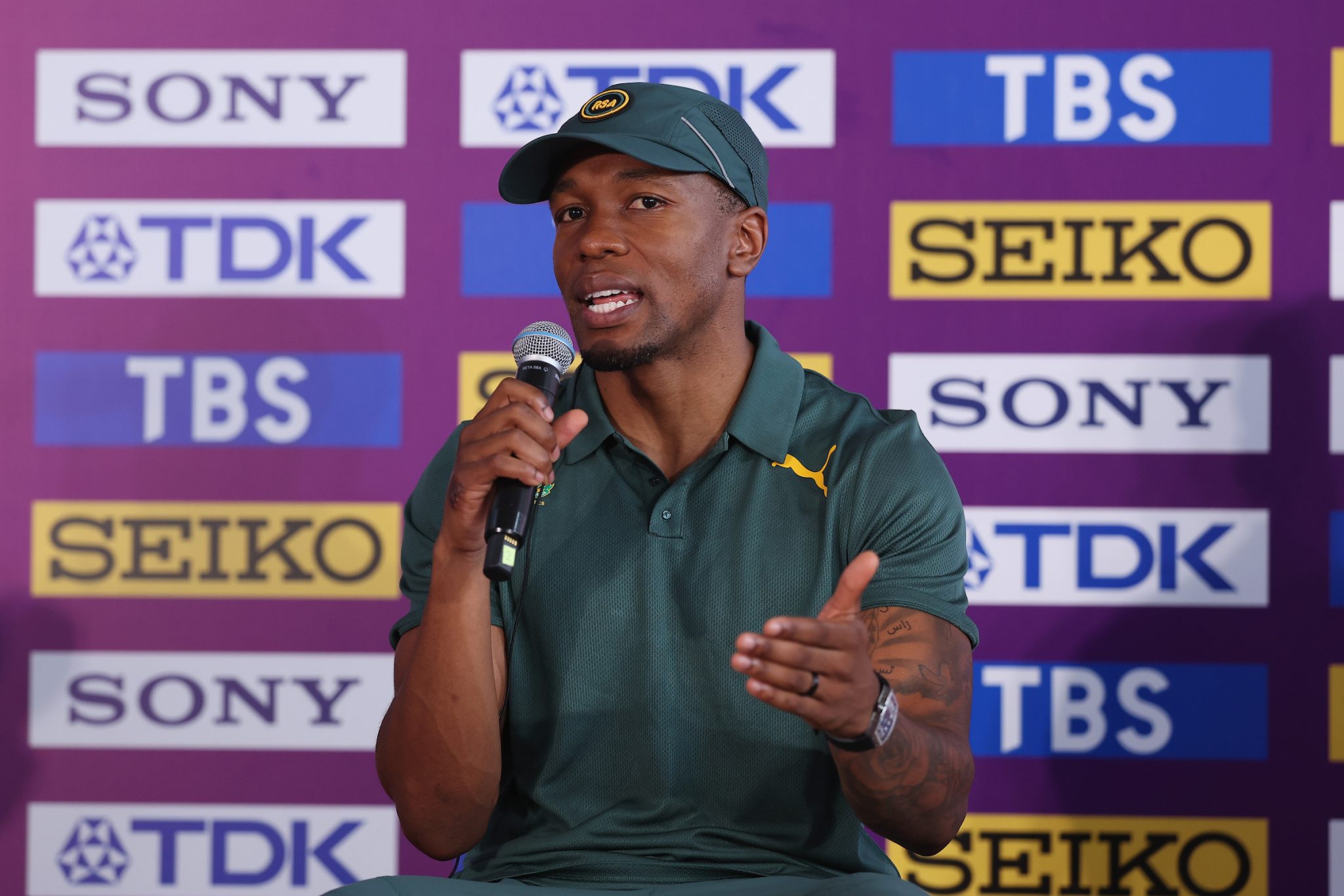 Akani Simbine of South Africa attend the a press conference ahead of the 2025 Guangzhou World Athletics Relays at Tianhe Stadium on May 09, 2025 in Guangzhou, China. (Photo by Lintao Zhang/Getty Images)