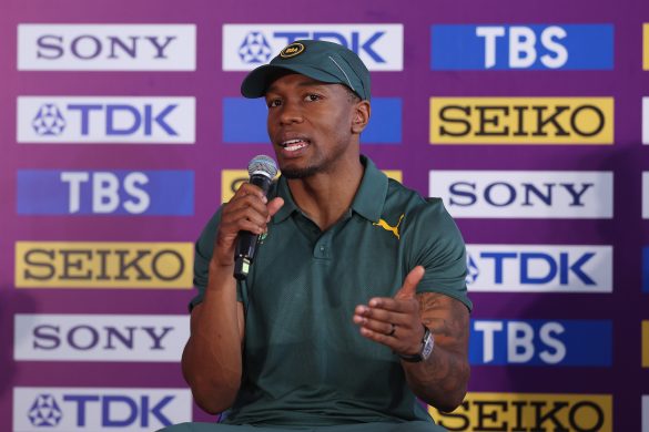 Akani Simbine of South Africa attend the a press conference ahead of the 2025 Guangzhou World Athletics Relays at Tianhe Stadium on May 09, 2025 in Guangzhou, China. (Photo by Lintao Zhang/Getty Images)
