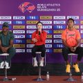 (L-R) Akani Simbine of South Africa, Liang Xiaojing of China and Hakim Sani Brown of Japan attend the a press conference ahead of the 2025 Guangzhou World Athletics Relays at Tianhe Stadium on May 09, 2025 in Guangzhou, China. (Photo by Lintao Zhang/Getty Images)
