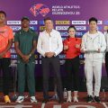 (L-R) Hakim Sani Brown of Japan, Akani Simbine of South Africa, Sebastian Coe, President of World Athletics, Liang Xiaojing of China, Tan Aiying, Director of Guangzhou Sports Bureau and Chinese Track-and-field athlete Su Bingtian attend the a press conference ahead of the 2025 Guangzhou World Athletics Relays at Tianhe Stadium on May 09, 2025 in Guangzhou, China. (Photo by Lintao Zhang/Getty Images)