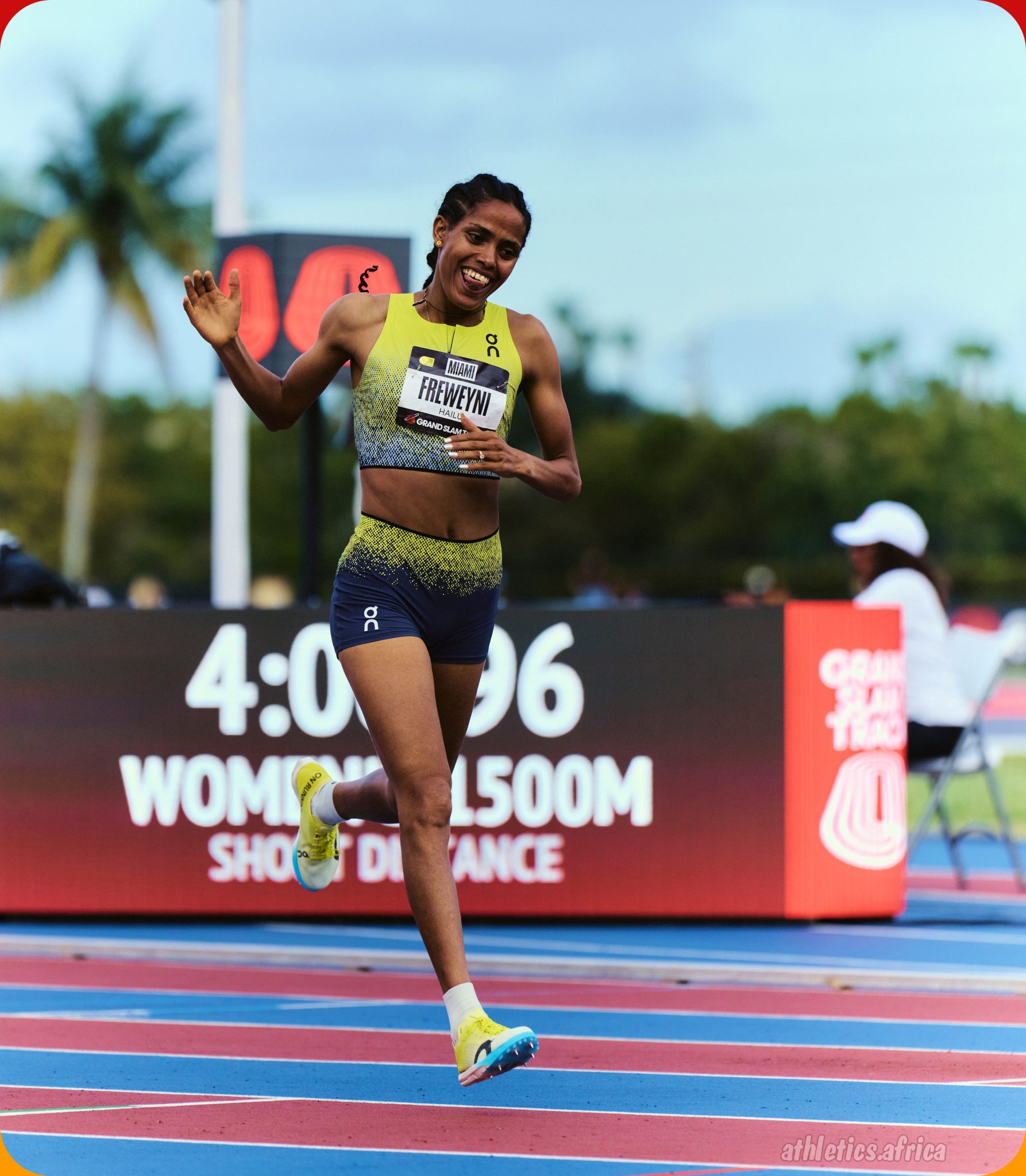 Ethiopian Freweyni Hailu made her debut in On's colour at the Grand Slam Track Miami Meet on May 3, 2025 / Photo Credit: On