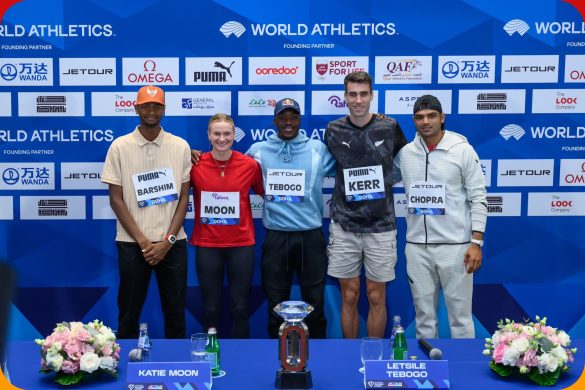 Letsile Tebogo (BOT), Mutaz Barshim (QAT) and other top athletes at the Press Conference for The Jetour Doha Meeting, part of the Wanda Diamond League, on Friday 16 May 2025 / Photo credit: Doha DL Media