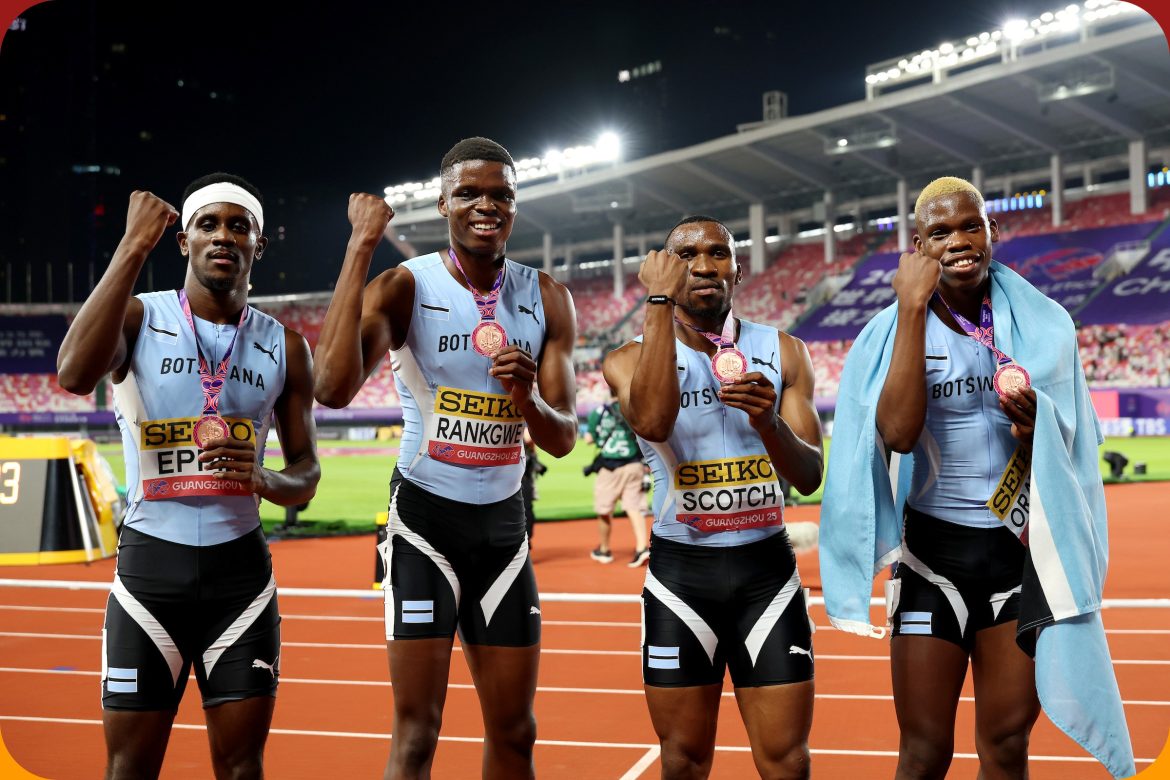Bronze medalists Lee Bhekempilo Eppie of Team Botswana, Justice Oratile of Team Botswana, Kabo David Rankgwe of Team Botswana and Leungo Scotch of Team Botswana pose for a photo after the Men's 4x400 Metres Relay Final during day two of the World Athletics Relays Guangzhou 25 on May 11, 2025 in Guangzhou, China. (Photo by Lintao Zhang/Getty Images for World Athletics)