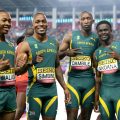 (L-R) Bayanda Walaza of Team South Africa, Akani Simbine of Team South Africa, Sinesipho Dambile of Team South Africa and Bradley Nkoana of Team South Africa pose for a photo after the Men's 4x100 Metres Relay during day one of the World Athletics Relays Guangzhou 25 at Guangdong Olympic Stadium on May 10, 2025 in Guangzhou, China. (Photo by Lintao Zhang/Getty Images for World Athletics)