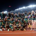 Members of Team South Africa pose for a photo with their medals for Men's 4x400 Metres Relay Final, Men's 4x100 Metres Relay Final and Women's 4x400 Metres Relay Final during day two of the World Athletics Relays Guangzhou 25 on May 11, 2025 in Guangzhou, China. (Photo by Lintao Zhang/Getty Images for World Athletics)
