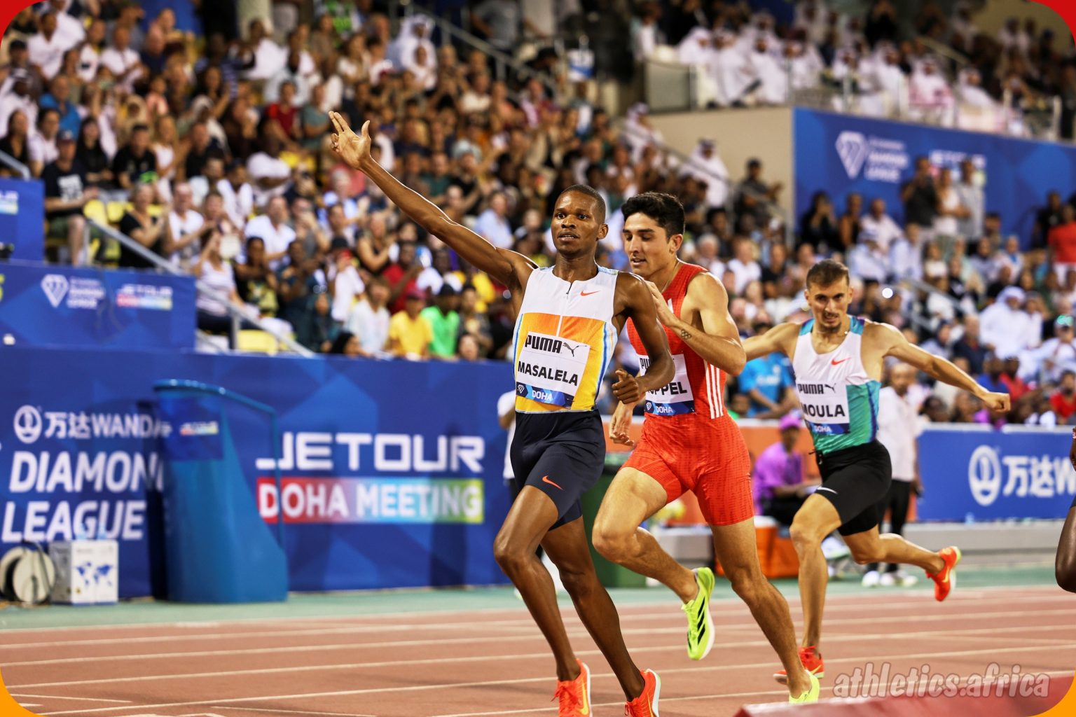 Tshepiso Masalela (BOT) wins the Men's 800m with a time of 1:43.11 at The Jetour Doha Meeting, part of the Wanda Diamond League, on Friday 16 May 2025 / Photo credit: Marta Gorczynska for Diamond League AG