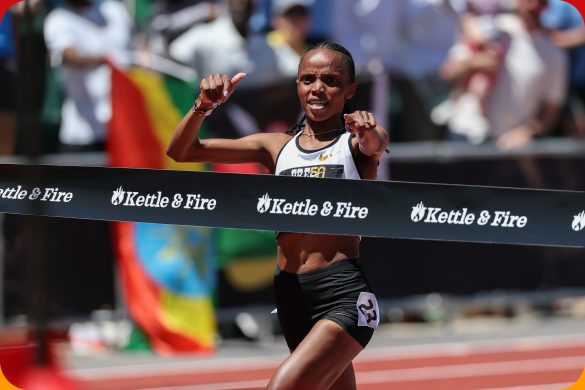 Beatrice Chebet (KEN) wins the women's 5000m in a new world record of 13:58.06 at Eugene Diamond League on 5 July 2025 / Photo: Logan Hannigan-Downs for Diamond League AG
