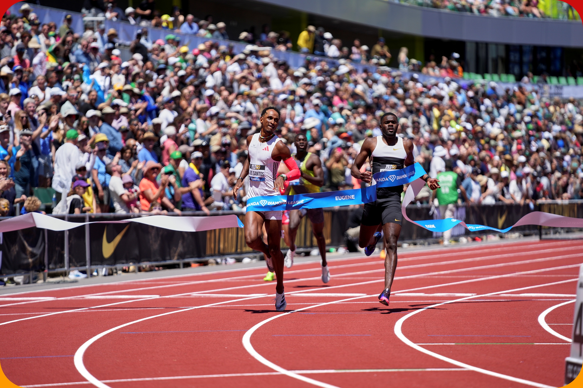 Alison Dos Santos (BRA) wins the Men's 400m Hurdles in a time of 46.65 with Nigeria's Ezekiel Nathaniel third at The 50th edition of The Prefontaine Classic on Saturday 5th July 2025 / Photo: Matthew Quine For Diamond League AG