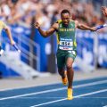 Bayanda Joy Walaza of South Africa crosses the finish in second during the Men's 4 x 100m Relay Final at the Rhine-Ruhr 2025 FISU Games in Bochum on Sunday 27/07/2025 | Photo credit: Kevin Voigt / Rhine-Ruhr 2025