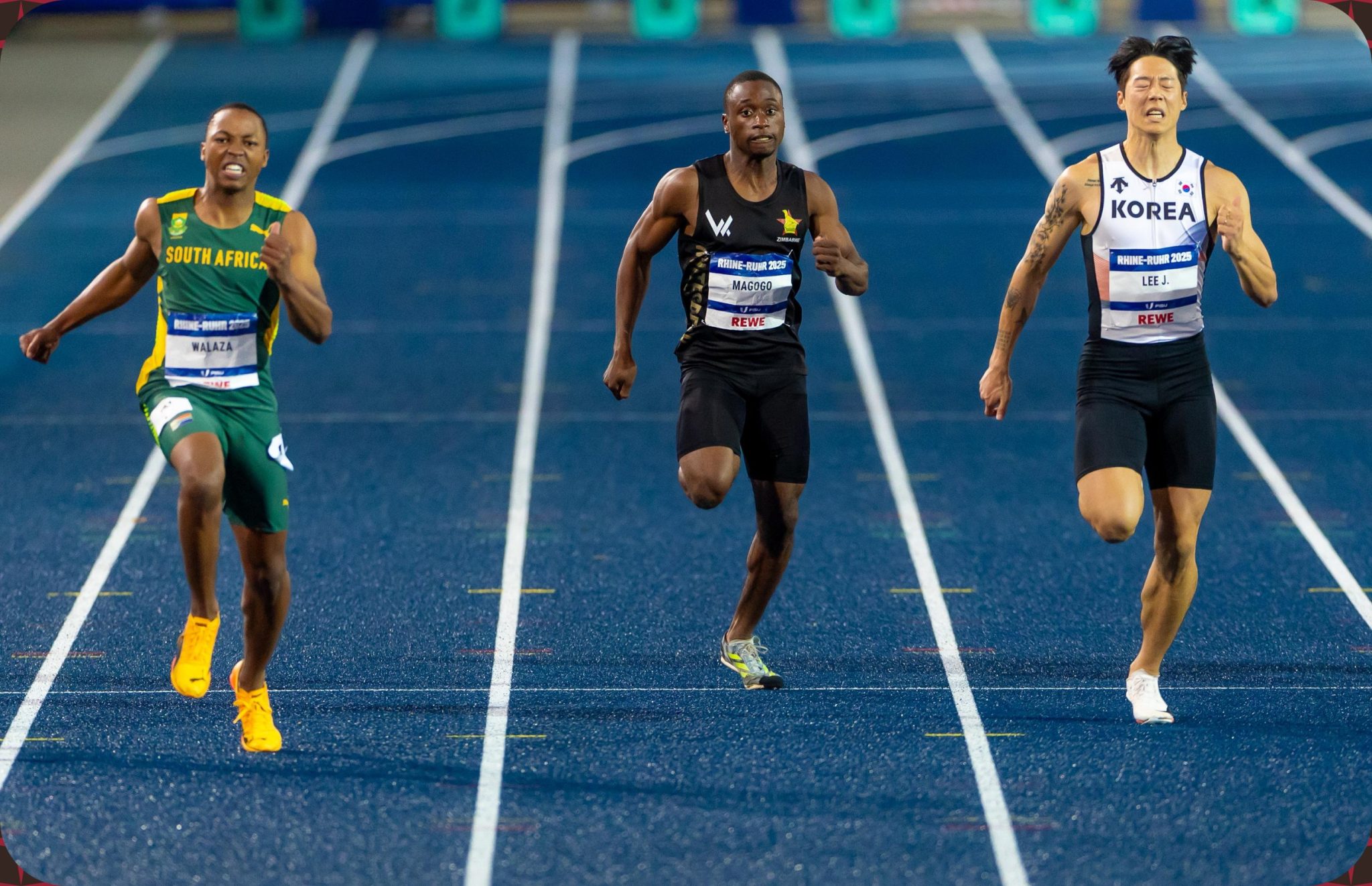 Bayanda Joy Walaza of South Africa and Daniel Magogo of Zimbabwe compete in the Men's 200m Final at the Rhine-Ruhr 2025 FISU World University Games in Bochum on Thursday 24/07/2025 | Photo credit: Iris van den Broek / Rhine-Ruhr 2025
