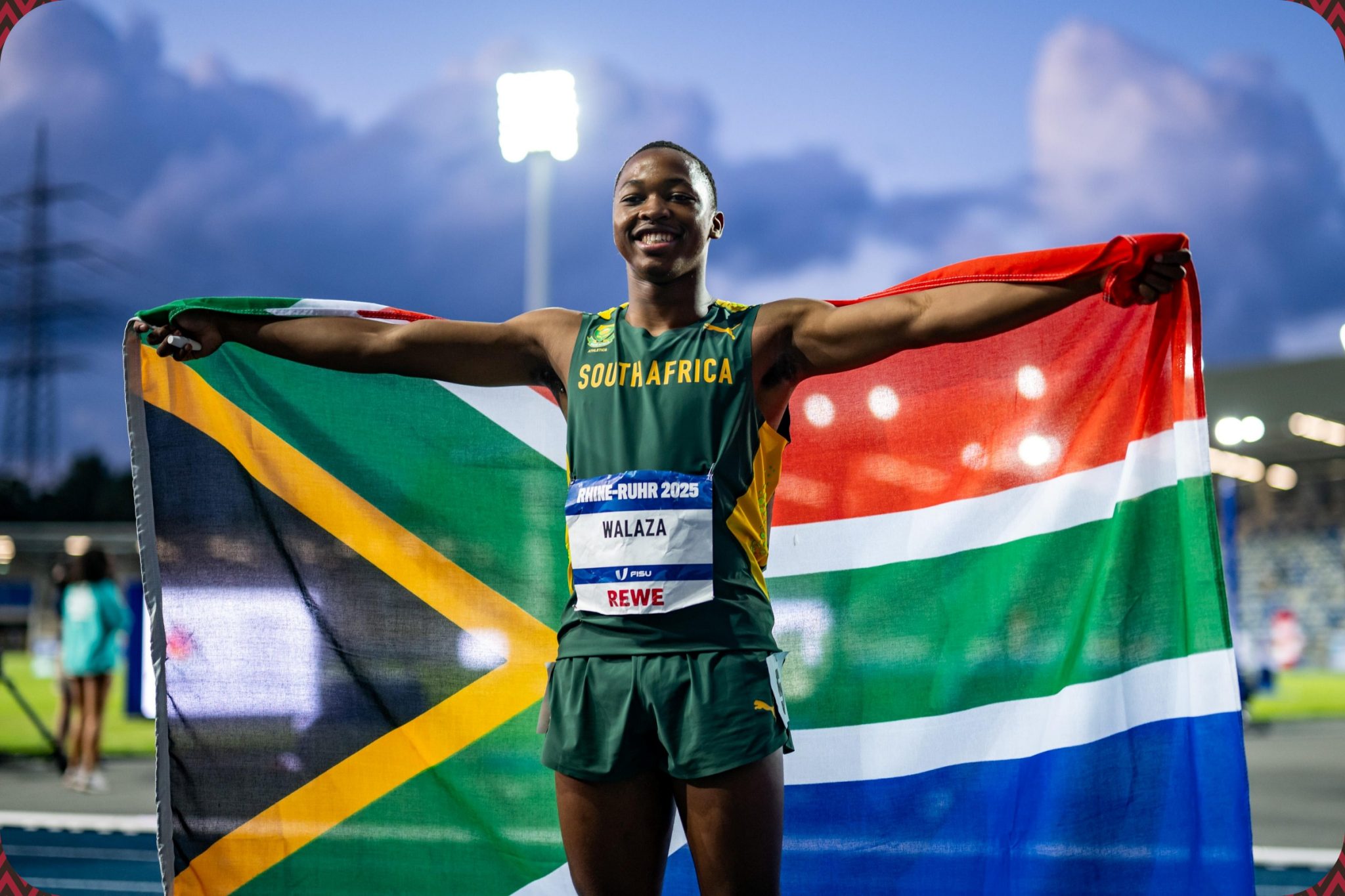 Bayanda Joy Walaza of South Africa celebrates winning the Men's 100m Final at the Rhine-Ruhr 2025 FISU Games in Bochum on Tuesday 22/07/2025 | Photo credit: Kevin Voigt / Rhine-Ruhr 2025
