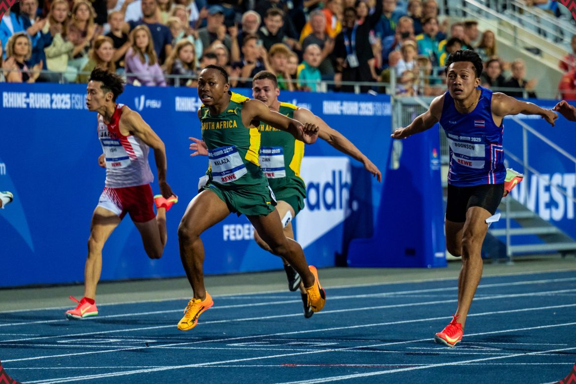 Bayanda Joy Walaza of South Africa wins the Men's 100m Final at the Rhine-Ruhr 2025 FISU Games in Bochum on Tuesday 22/07/2025 | Photo credit: Kevin Voigt / Rhine-Ruhr 2025