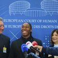 South African Double Olympic champion Caster Semenya with lawyers Gregory Nott and Shona Jolly KC after Semenya won a partial victory at the European Court of Human Rights in Strasbourg, eastern France on Thursday, July 10, 2025 / Photo credit: Antonin Utz for AP