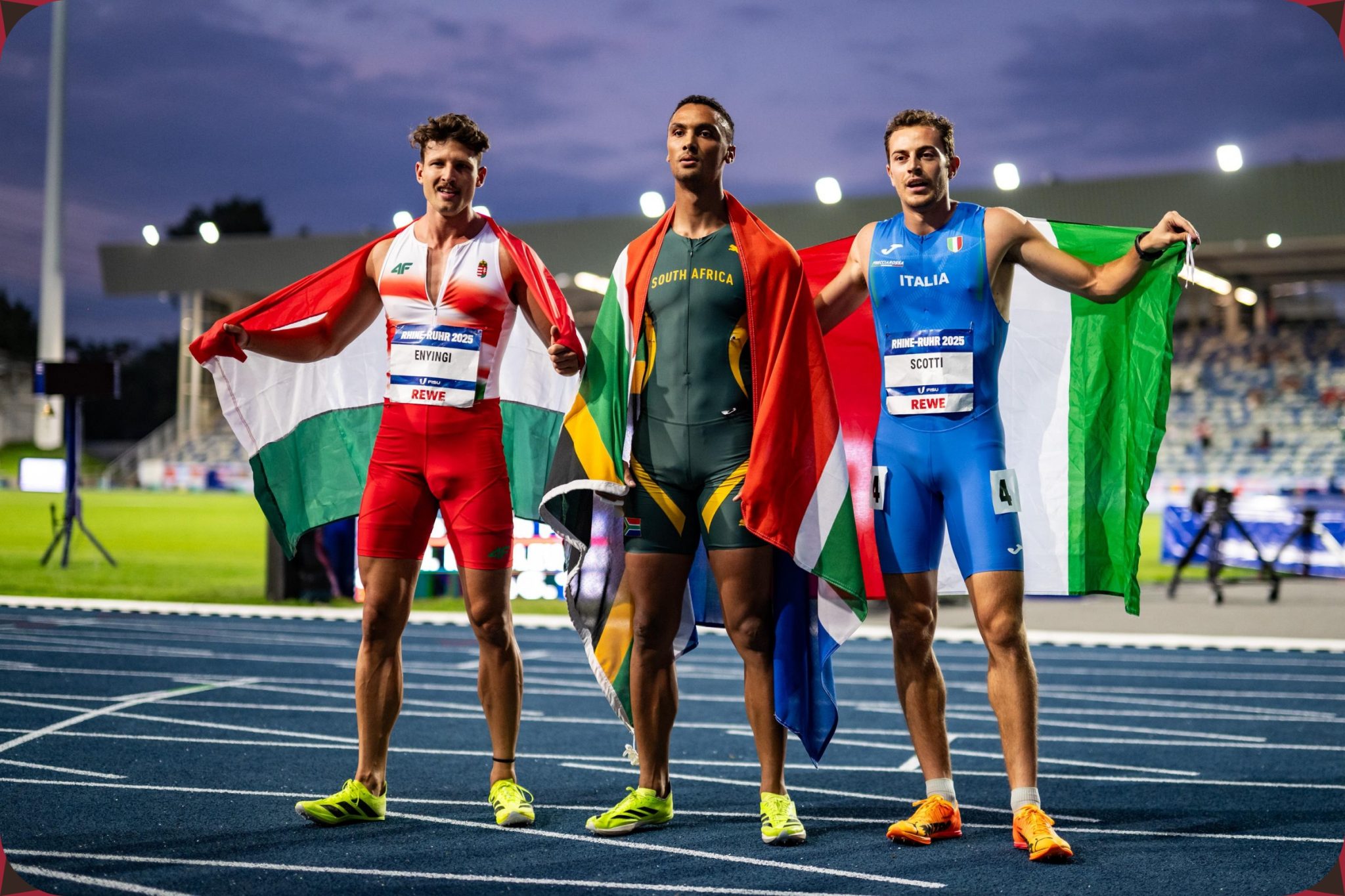 Men's 400m medallists Patrik Simon Enyingi of Hungary, Lythe Tyresse Pillay of South Africa, Edoardo Scotti of Italy at the Rhine-Ruhr 2025 FISU Games in Bochum on Wednesday 23/07/2025 | Photo: Kevin Voigt / Rhine-Ruhr 2025