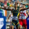 Lythe Tyresse Pillay of South Africa celebrates winning the Men's 400m Final at the Rhine-Ruhr 2025 FISU Games in Bochum on Wednesday 23/07/2025 | Photo credit: Kevin Voigt / Rhine-Ruhr 2025