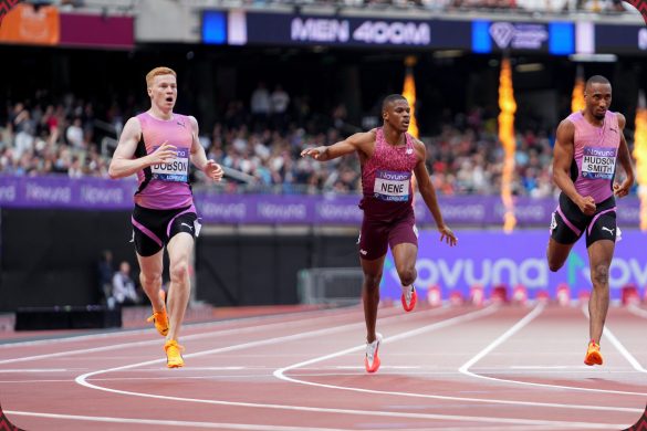 Charles Dobson (GBR) edges Zakithi Nene (RSA) to win the men's 400m with a new personal best time of 44.14 at the Novuna London Athletics Meet in London on July 19, 2025 / Photo: Melissa Gresswell for Diamond League AG