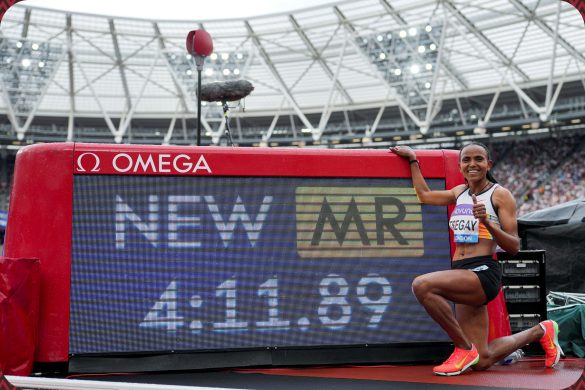 Gudaf Tsegay (ETH) wins the womens one mile with a World Leading, National Record, and Meet Record time of 4:11.88 at the Novuna London Athletics Meet in London on July 19, 2025 / Photo: Guillaume Laurent for Diamond League AG