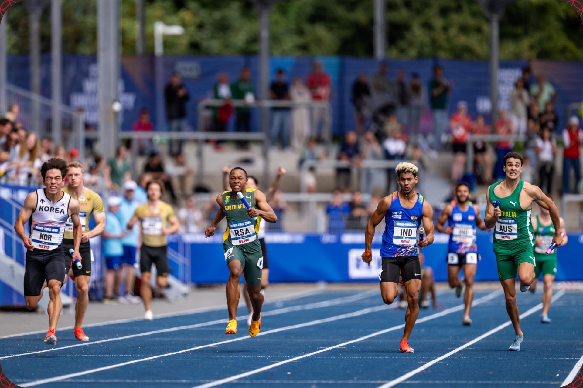 Bayanda Walaza anchors Team South Africa to second position behind South Korea in the Men’s 4x100m Relay Final at the Rhine-Ruhr 2025 FISU Games in Bochum on Sunday 27/07/2025 | Photo credit: Kevin Voigt / Rhine-Ruhr 2025