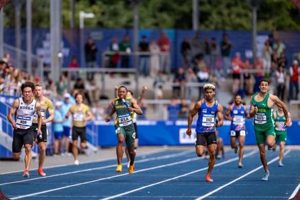 Bayanda Walaza anchors Team South Africa to second position behind South Korea in the Men’s 4x100m Relay Final at the Rhine-Ruhr 2025 FISU Games in Bochum on Sunday 27/07/2025 | Photo credit: Kevin Voigt / Rhine-Ruhr 2025