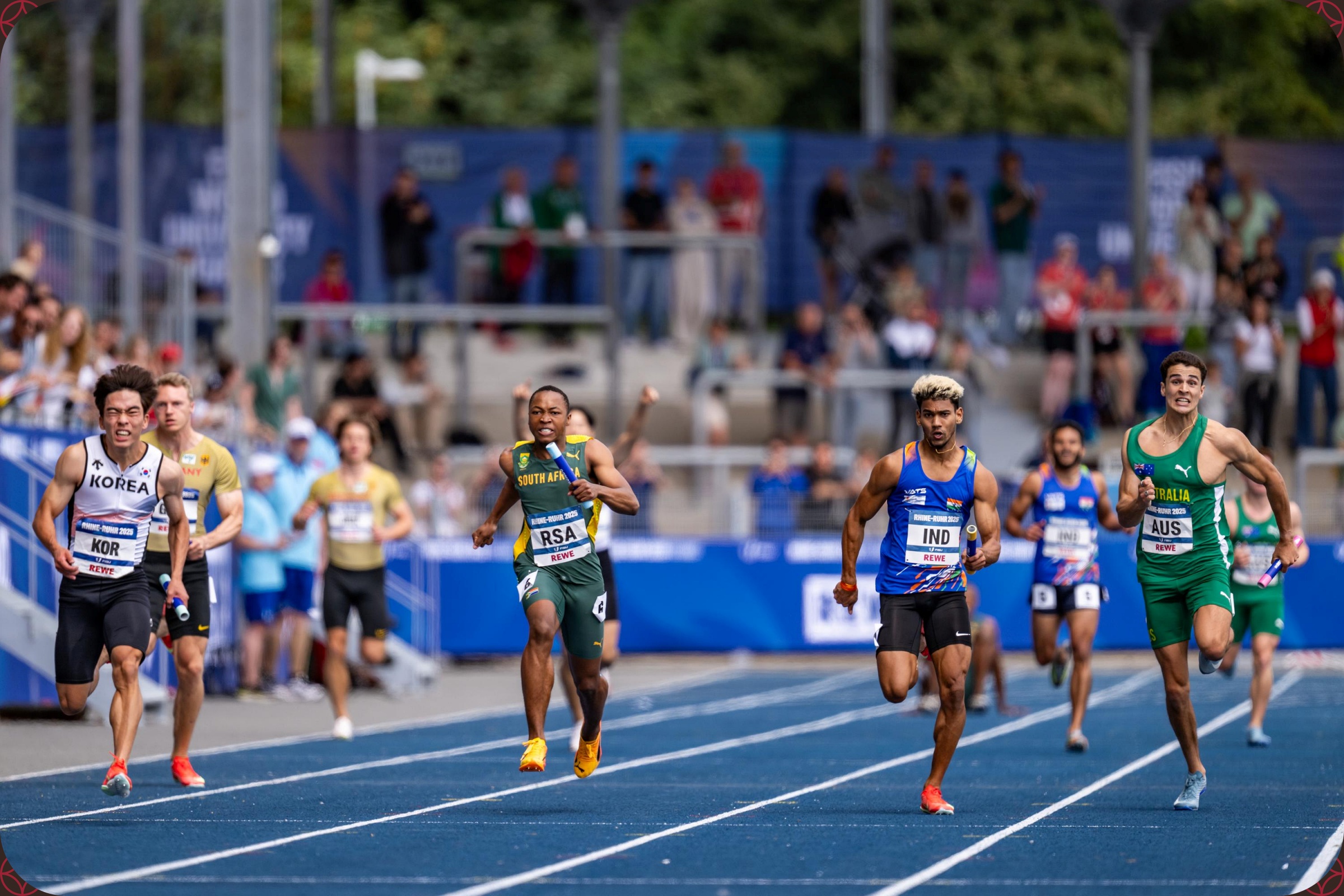Bayanda Walaza anchors Team South Africa to second position behind South Korea in the Men’s 4x100m Relay Final at the Rhine-Ruhr 2025 FISU Games in Bochum on Sunday 27/07/2025 | Photo credit: Kevin Voigt / Rhine-Ruhr 2025