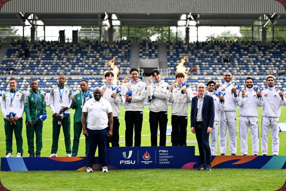 Medal ceremony: Gold: South Korea; Silver: South Africa; and Bronze: India in the Men’s 4x100m Relay Final at the Rhine-Ruhr 2025 FISU Games in Bochum on Sunday 27/07/2025 | Photo credit: Michael Chisholm / Rhine-Ruhr 2025
