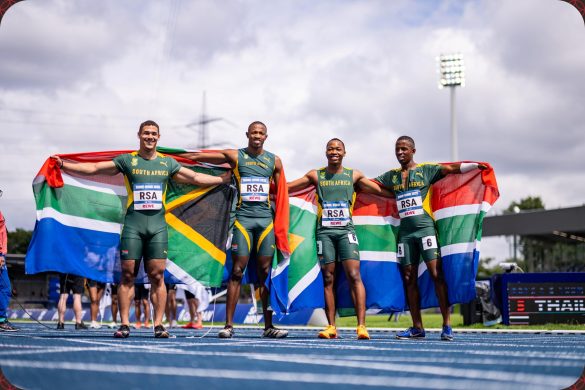Silver medallist South Africa - Bayanda Walaza, Kyle Brian Zinn, Retshidisitswe Mlenga, Mthi Lukas Mthimkulu - after the Men’s 4x100m Relay Final at the Rhine-Ruhr 2025 FISU Games in Bochum on Sunday 27/07/2025 | Photo credit: Kevin Voigt / Rhine-Ruhr 2025
