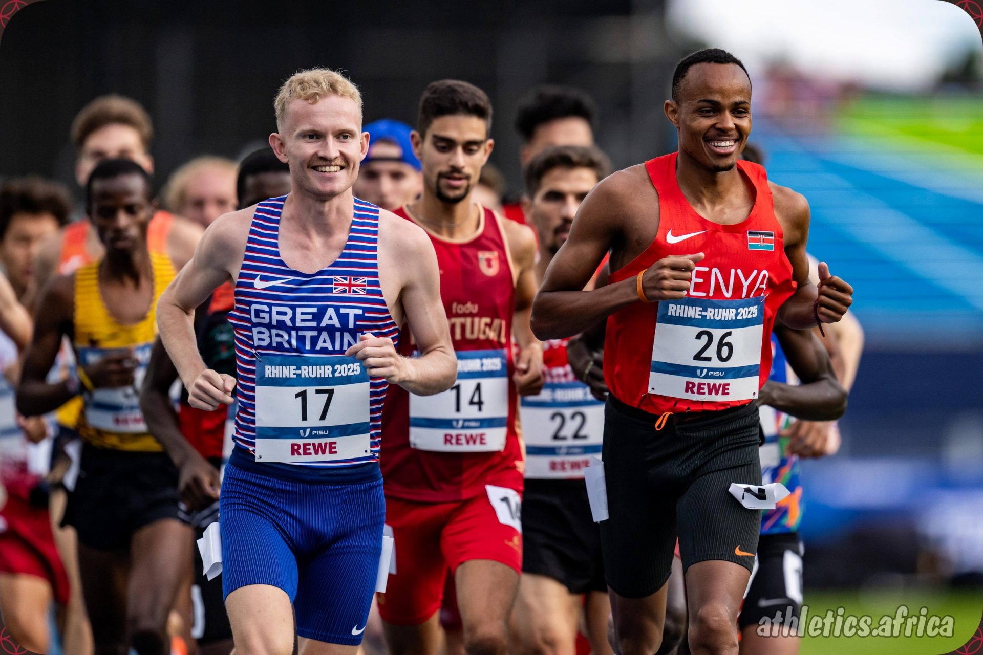 David Steven Mullarkey of United Kingdom of Great Britain and Northern Ireland and Brian Muange Musau of Kenya competing in the Men’s 10,000m Final at the Rhine-Ruhr 2025 FISU Games in Bochum on Wednesday 23/07/2025 | Photo credit: Kevin Voigt / Rhine-Ruhr 2025