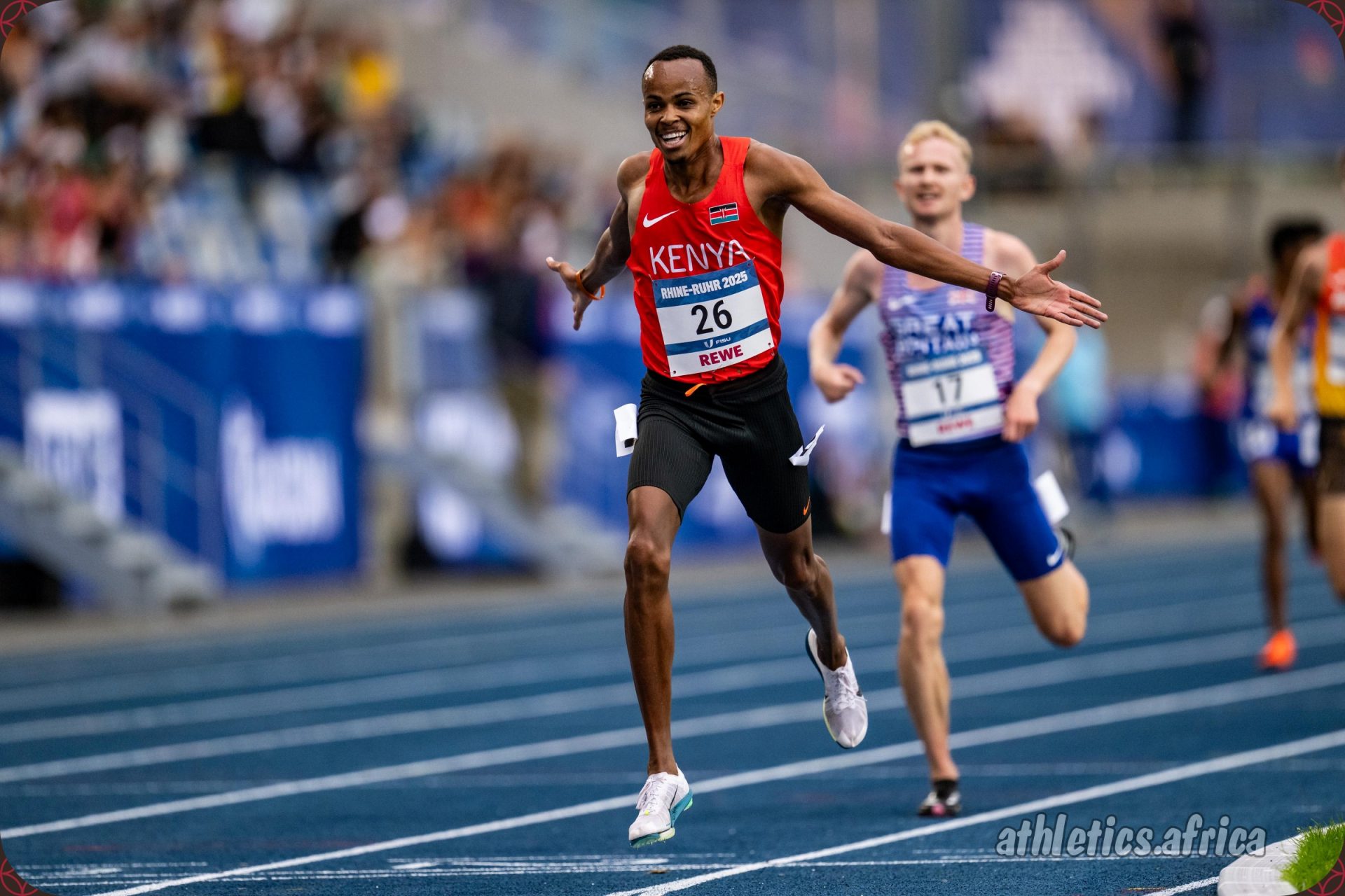 Brian Muange Musau of Kenya celebrates winning gold in the Men’s 10,000m Final at the Rhine-Ruhr 2025 FISU Games in Bochum on Wednesday 23/07/2025 | Photo credit: Kevin Voigt / Rhine-Ruhr 2025